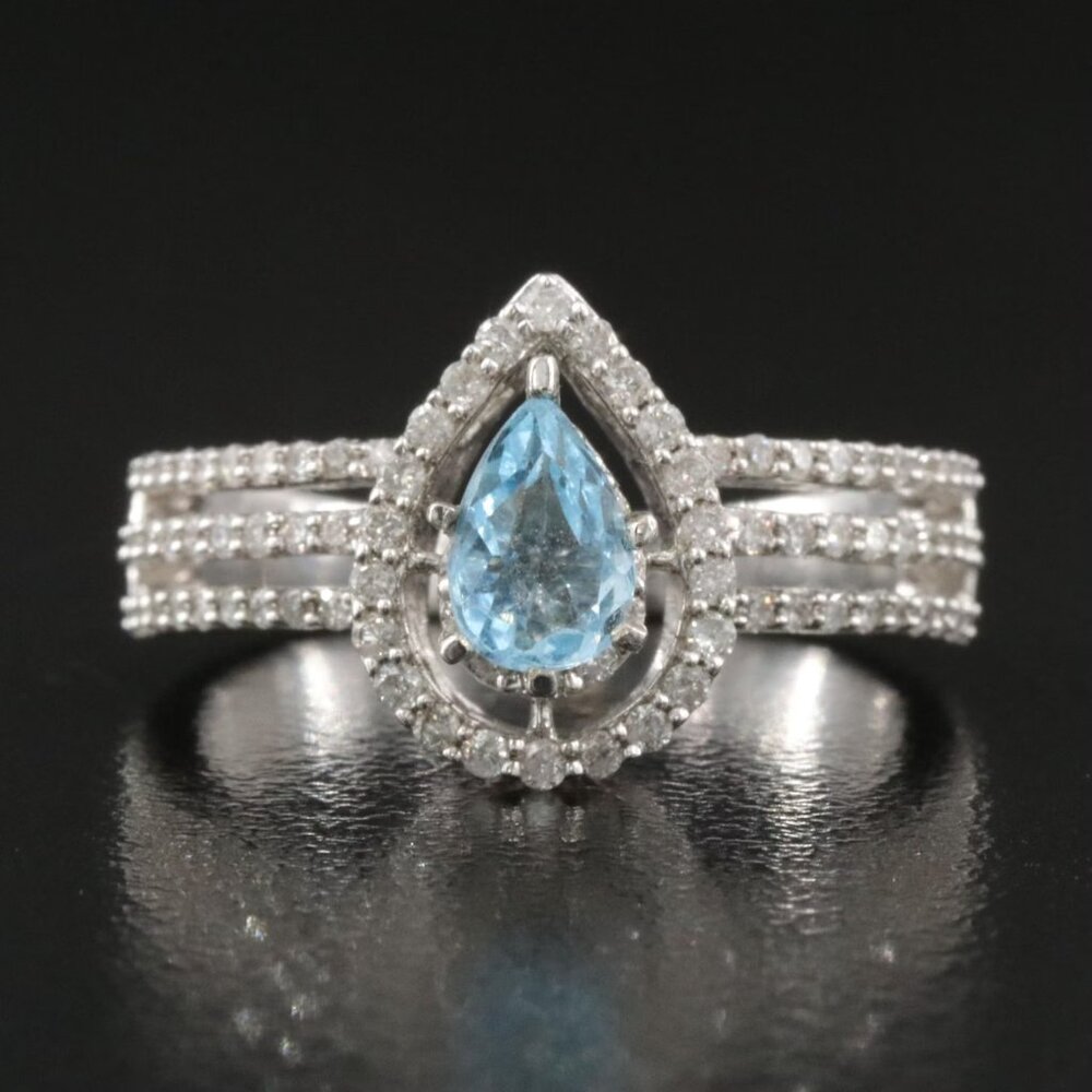 14k Vintage Pear Shaped Aquamarine & 0.6 CTW Diamond Halo Ring